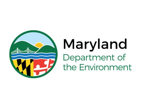 Maryland Department of the Environment logo: Scenic circle with bridge, water, hills, sun, and Maryland flag section; text is black/green.