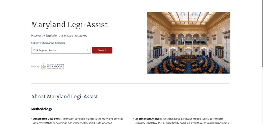 A screenshot showing Legi-Assist's landing page