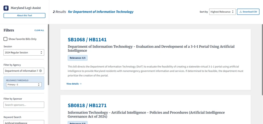 A screenshot showing Legi-Assist's search-and-filter feature