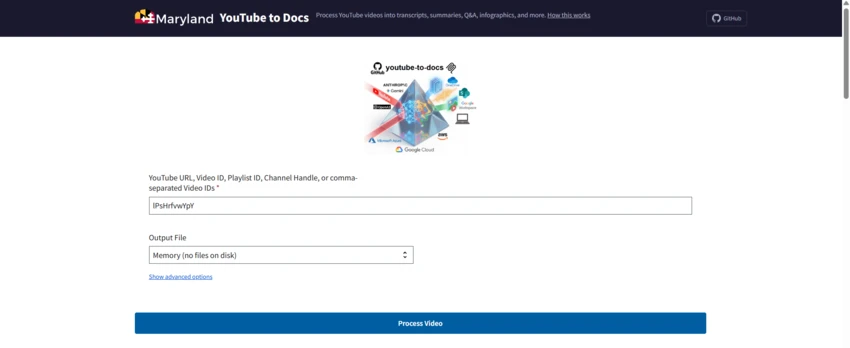 A webpage showing how to upload a video to the YouTube-to-Docs tool