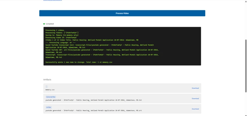 A screenshot that shows YouTube-to-Docs processing a video to transcribe