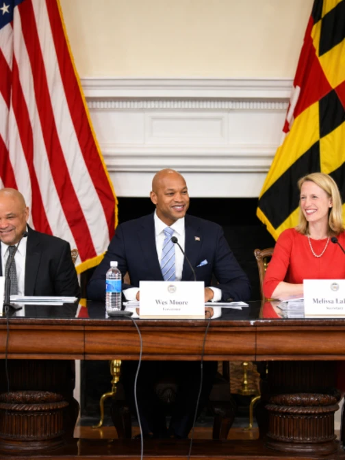 Treasurer Dereck Davis, Governor Wes Moore, Comptroller Brooke Lierman 