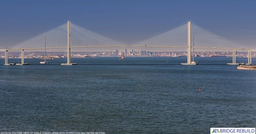 An artistic daytime rendering of a modern cable-stayed bridge spanning across a body of water. The bridge features two tall, white towers with numerous diagonal support cables fanning out to the road deck. In the distant background, the downtown Baltimore city skyline is visible under a clear blue sky. A "KEY BRIDGE REBUILD" logo is positioned in the bottom right corner.
