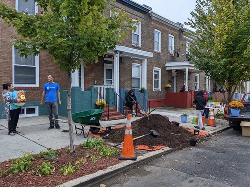 A city block with construction cones.