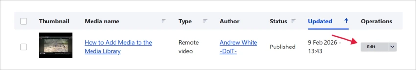 Arrow pointing to the Edit button on the right side of the screen, in a table with other media details including title and type