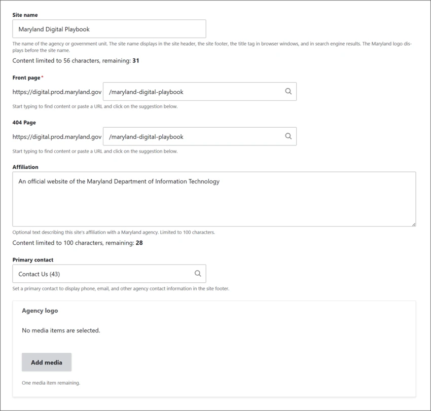 Screenshot of the Drupal Site Settings page