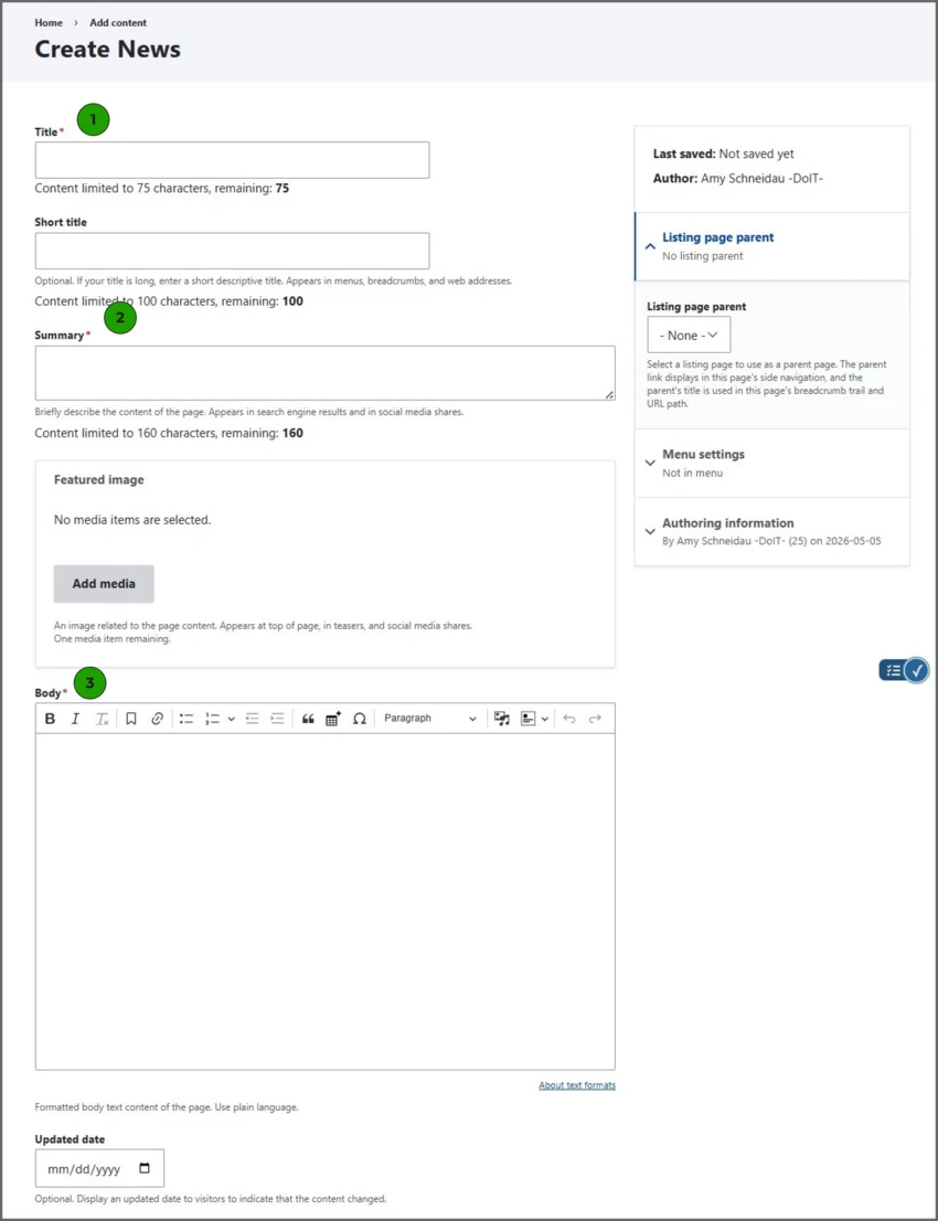 News Page required fields