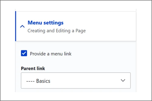 Expanded Menu settings drop-down menu with the Provide a menu link checkbox selected