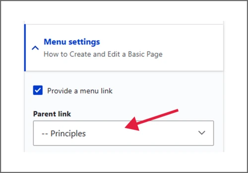Expanded Menu settings drop-down menu with arrow pointing to the parent link drop-down menu which has a Parent Link with -- populated