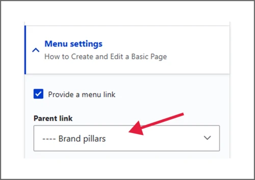 Expanded Menu settings drop-down menu with arrow pointing to the parent link drop-down menu which has a Parent Link with ---- populated