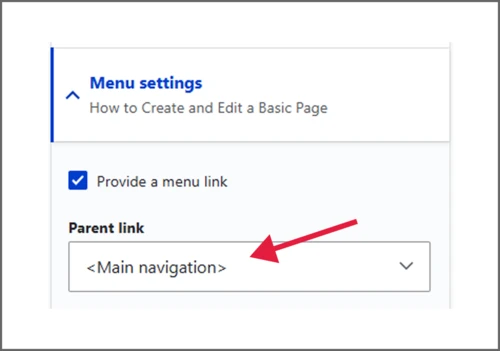 Expanded Menu settings drop-down menu with arrow pointing to the parent link drop-down menu which has "<Main navigation>" populated