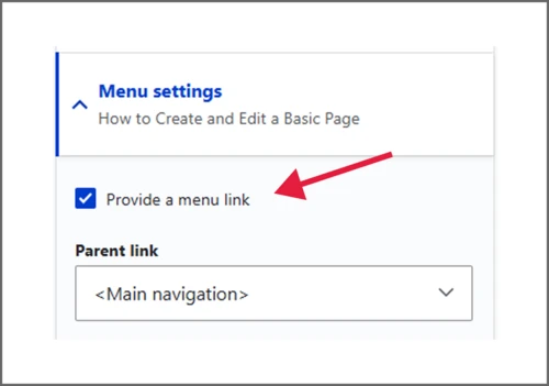 Expanded Menu settings drop-down menu with arrow pointing to the provide a menu link checkbox