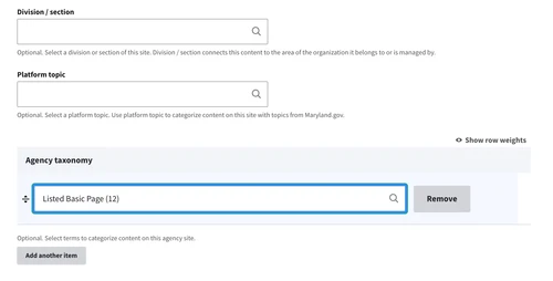 Form fields on the basic page, including agency taxonomy with a type-ahead box for selecting the taxonomy