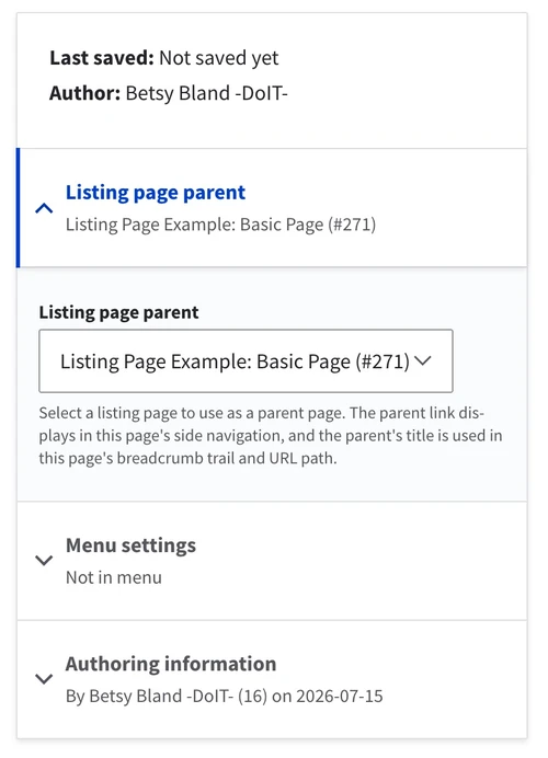 The first accordion item labeled Listing page parent contains a dropdown to select the listing page parent