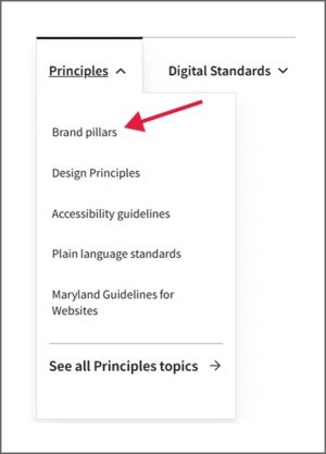 Example Header menu with arrow pointing to a link in the header drop-down menu, illustrating where links with a Parent Link with -- show