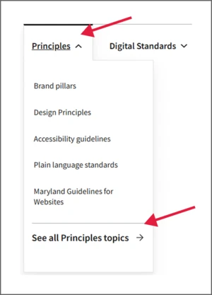 Example Header menu with arrows pointing to the top and bottom of the menu, illustrating where links with a <Main Navigation> parent show