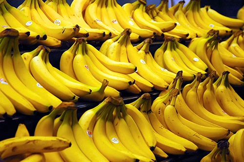 numerous bunches of bananas on a stepped display, like in a grocery store
