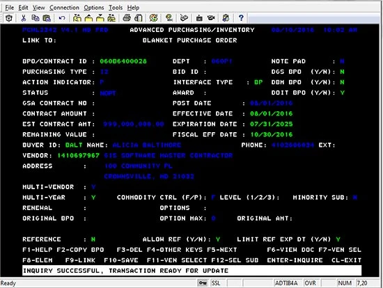 Computer screen showing the advanced purchasing inventory blanket purchase order
