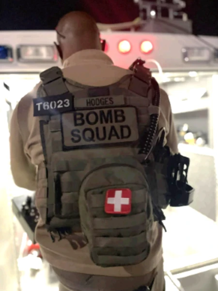 the back of a Maryland Office of State Fire Marshal bomb technician