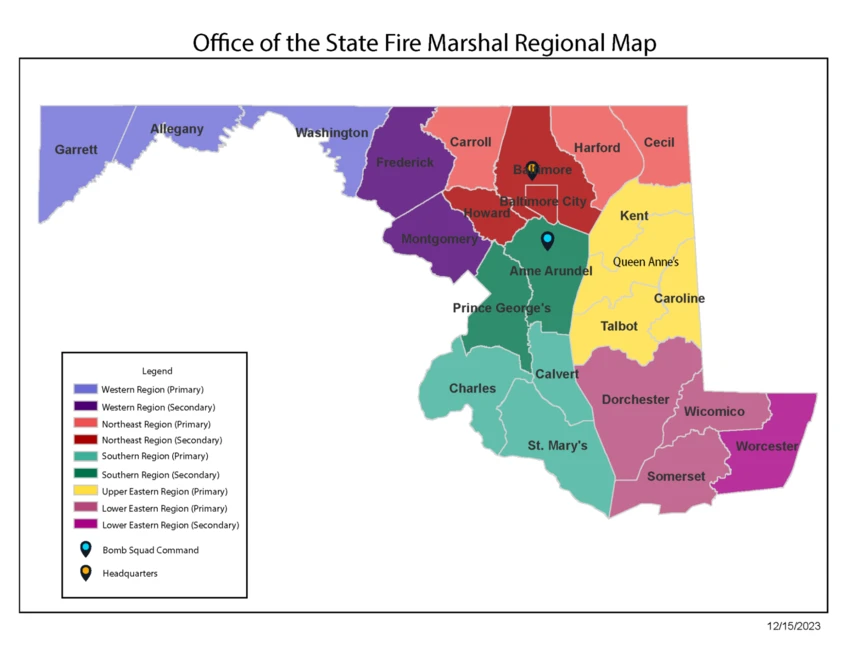 Maryland Office of the State Fire Marshal map of regional offices