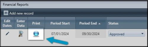 Grant Management System screenshot: Print button.