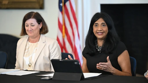 Lt. Governor Aruna Miller sits to the right of MDOT Secretary Katie Thomson as she chairs the Safer Maryland Coalition inaugural meeting
