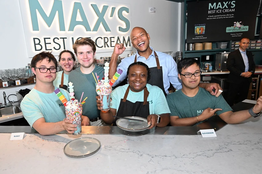 Governor Moore smiling with Max's Best Ice Cream employees