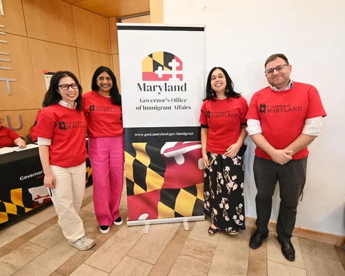 Lieutenant Governor Aruna Miller, Council President Natali Fani Gonzalez pictured with volunteers and staff at Montgomery County citizenship screening clinic