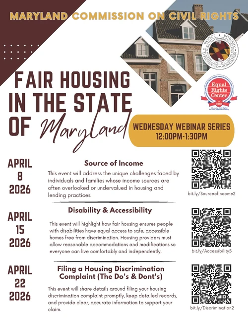 Fair Housing Webinar Series informational flyer with event dates, descriptions, and registration links/QR codes