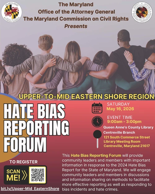 Upper to Mid Eastern Shore Hate Bias Reporting Forum Information Flyer with event details and registration link.