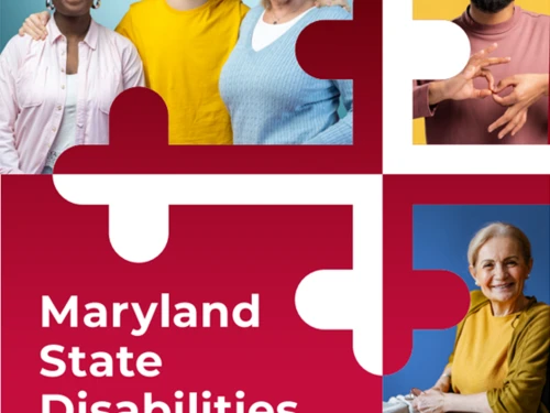 Document cover titled "Maryland State Disabilities Plan" featuring photos of a diverse group of people, a man using sign language, and a smiling woman in a wheelchair, separated by a red and white Maryland flag cross design.