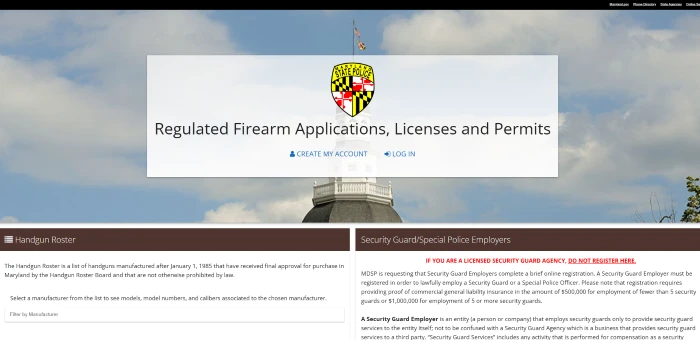 Maryland State Police Licensing Portal front screen