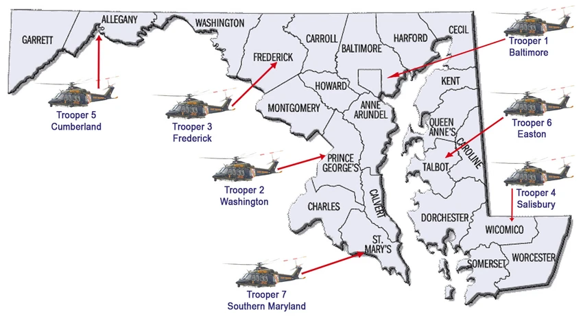 Maryland State Police helicopter sections map