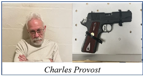 A Caucasian male wearing a white long-sleeve shirt standing in front of a white background, the image on the left is a black and wood handgun with a white banner across the bottom in black lettering that says Charles Provost 