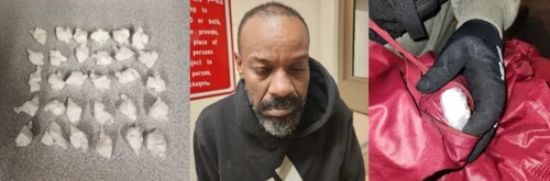 Three-part image: Left, 27 small, white bags laid out on a surface. Center, a man with a serious expression indoors. Right, gloved hand holding a white bag in a red bag.