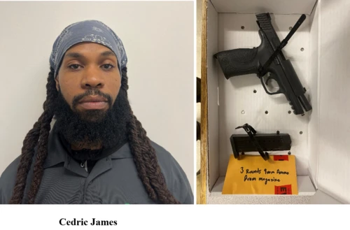 A man with long braided hair and a bandana poses seriously on the left. On the right, a gun, magazine, and bullets inside a box. 