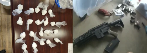  Left shows several small, white packages on a wooden table; right displays a rifle, handgun, and ammunition on a concrete floor.