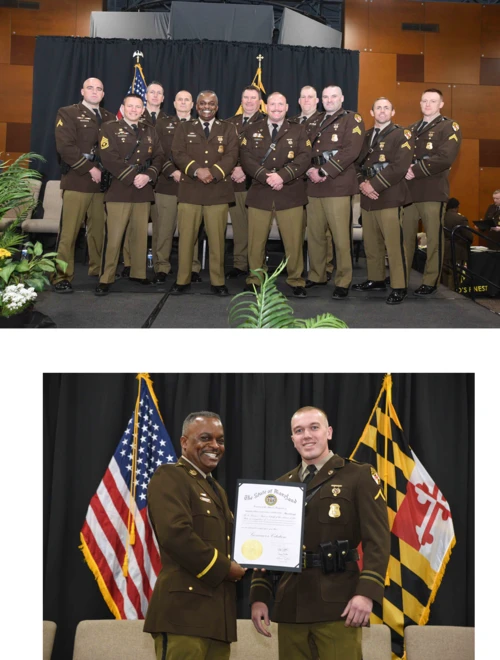 A group of uniformed officers stands smiling in a formal setting with flags. Below, two officers hold a certificate, showcasing pride and achievement.