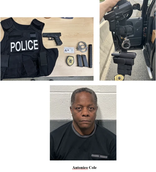 Image collage showing police gear and a man's portrait. Top left: police vest, gun, ID, badge, cuffs on a table. Top right: hand holding police duty belt. Bottom: portrait of a man against a wall. 