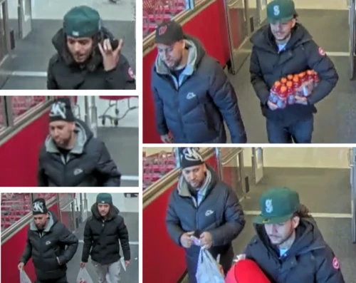 Two individuals in a store entrance are captured in multiple images. They wear dark jackets and caps. One carries a pack of orange sports drinks.