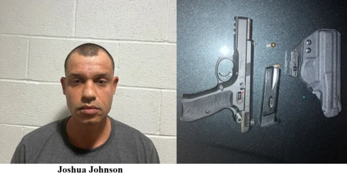 Left: a man wearing a gray shirt standing in front of a white cinderblock wall; right: a handgun with a magazine. 