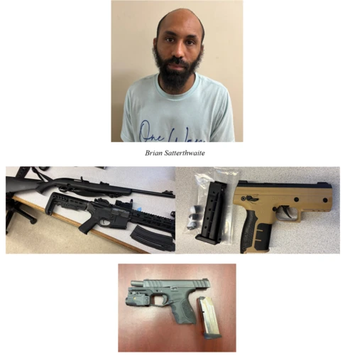 A bearded man with a serious expression is shown above images of firearms, including a rifle and two pistols, placed on a table.