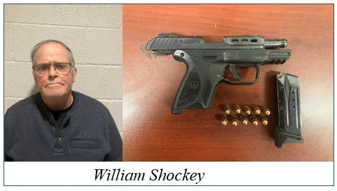 A Caucasian male wearing a black long-sleeve shirt stands in front of a gray wall, on the right image a black handgun on a wood background, with a white banner at the bottom with black 