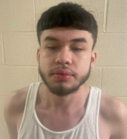 A man with a beard and a bowl cut stands in a white tank top 