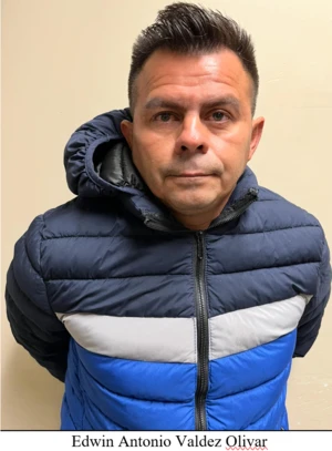 A man wearing a blue and gray puffer jacket stands against a plain background.