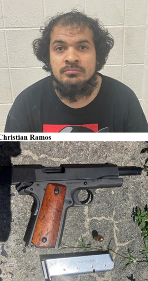 A man wearing a black and red shirt with long dark hair and a long dark beard. Bottom: a handgun. 