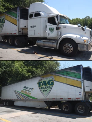 A white semi-truck with "TAG Trans INC" logo parked in a sunny lot. The trailer is adorned with green and yellow stripes. 