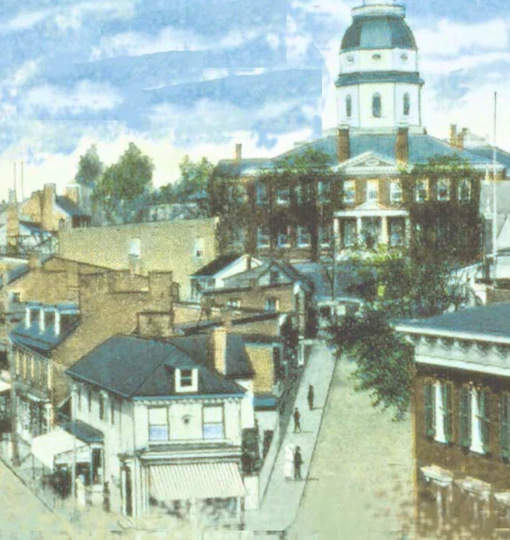 Vintage street scene of Annapolis with State House.