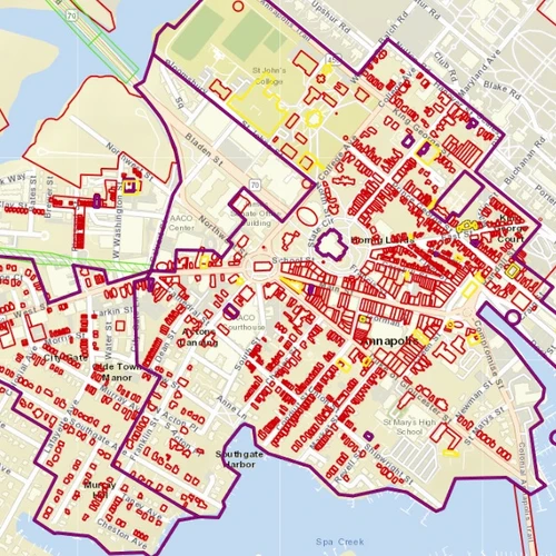 GIS map of Annapolis with colored shapes indicating various sites and districts.