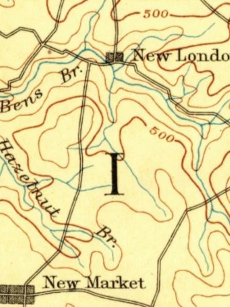 A historical color topographic map fragment of Frederick County, Maryland. Labeled locations include New London and New Market, with red contour lines indicating elevations of 500 feet.